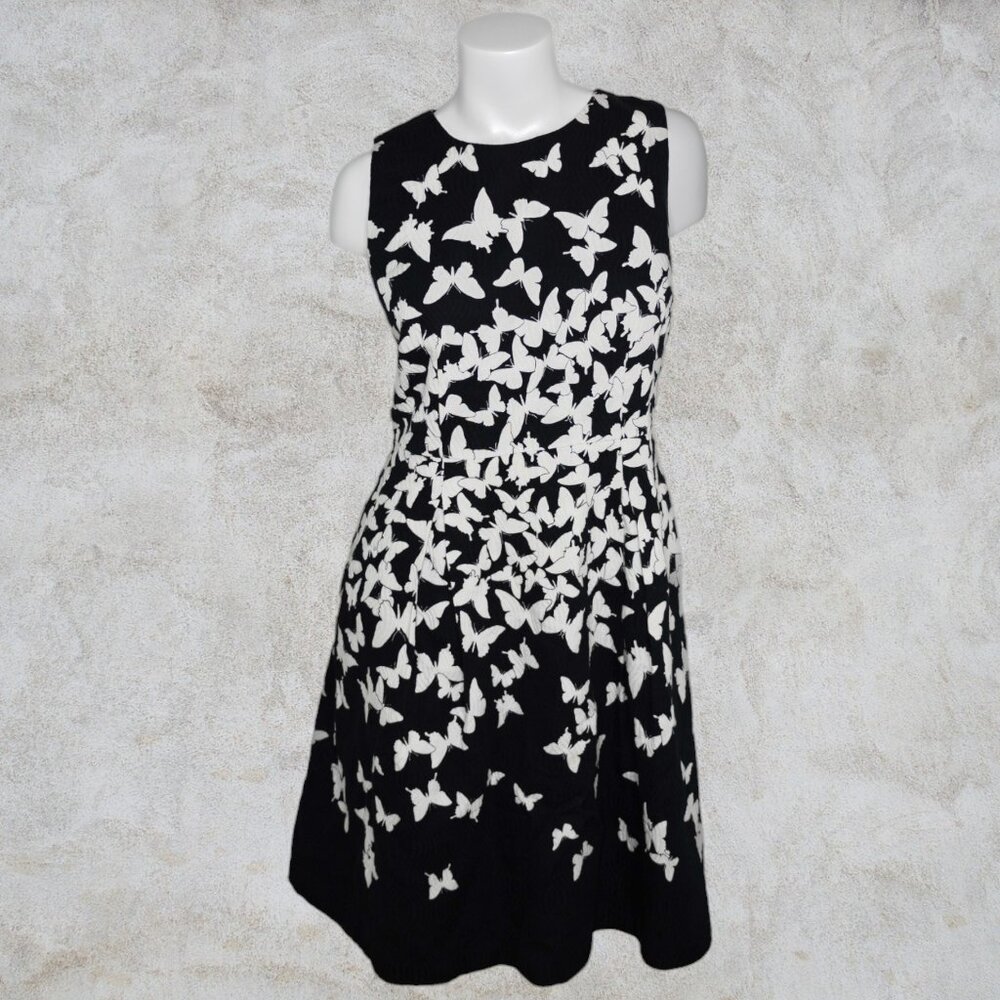 Talbots Black and White Butterfly Midi Dress Zip Up Flare Skirt